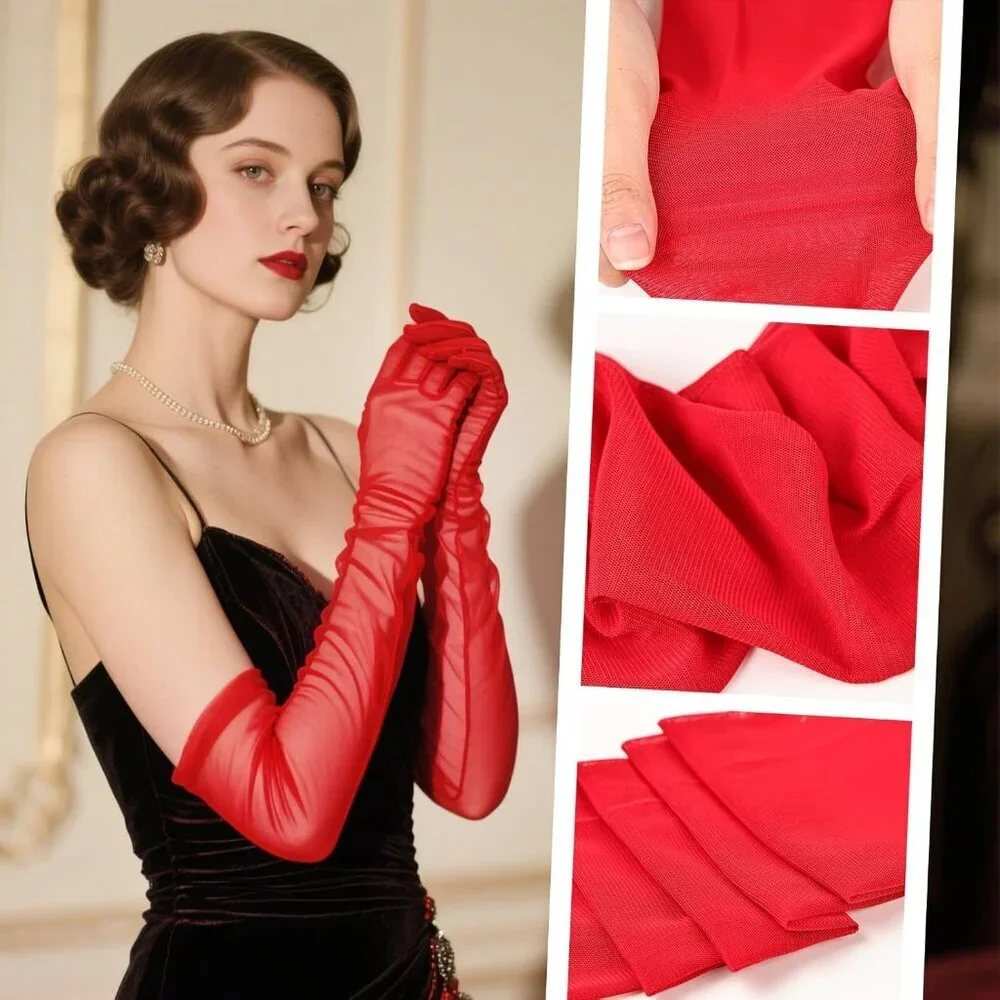 Women's Tulle Dark Red Long Satin Gloves Evening Elbow Length Party Costumes